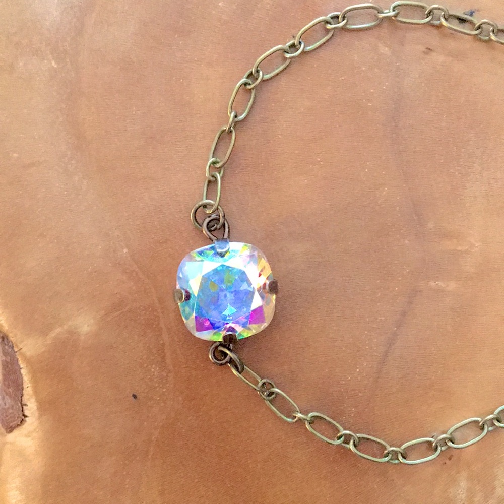 Aurora Borealis Cushion Cut Antique Brass Crystal Bracelet - Picture 7 of 11